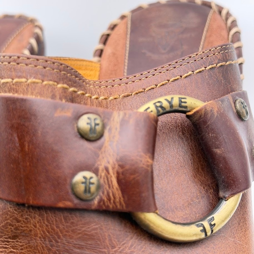 Frye Charlotte Ring Harness Clogs Womens Sz 10 Brown Leather Slip On Whip Stitch - Picture 4 of 12